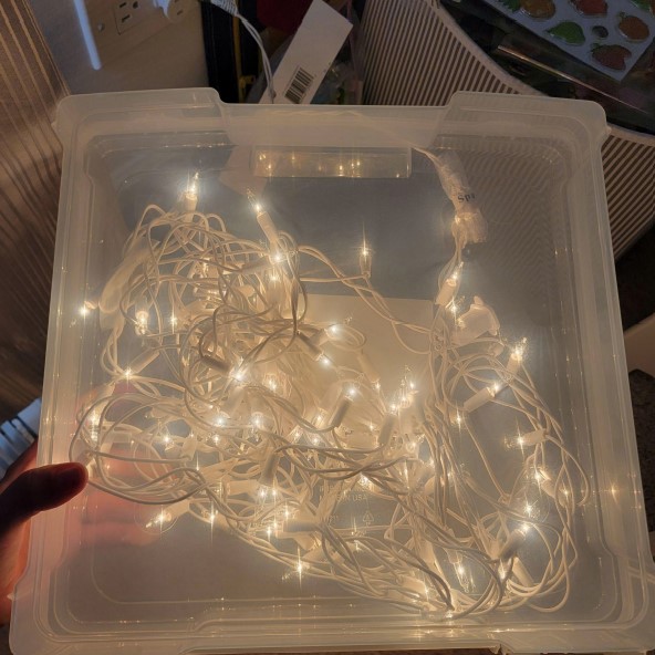 Homemade light box. Christmas lights were put in the clear plastic box.