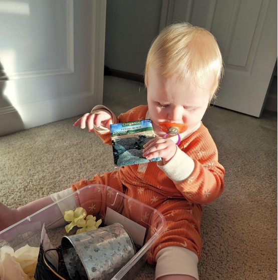 Dominic is playing with a spring sensory box. He is holding a pack of broccoli seeds. As my son was practicing pulling himself to stand we installed a pull-up bar (Picture 19). I glued some hooks and hunt toys and bells on them. He would not only pull himself up, but he would also reach while standing. We also later installed the mirror above the bar; it gives a very nice reflection.