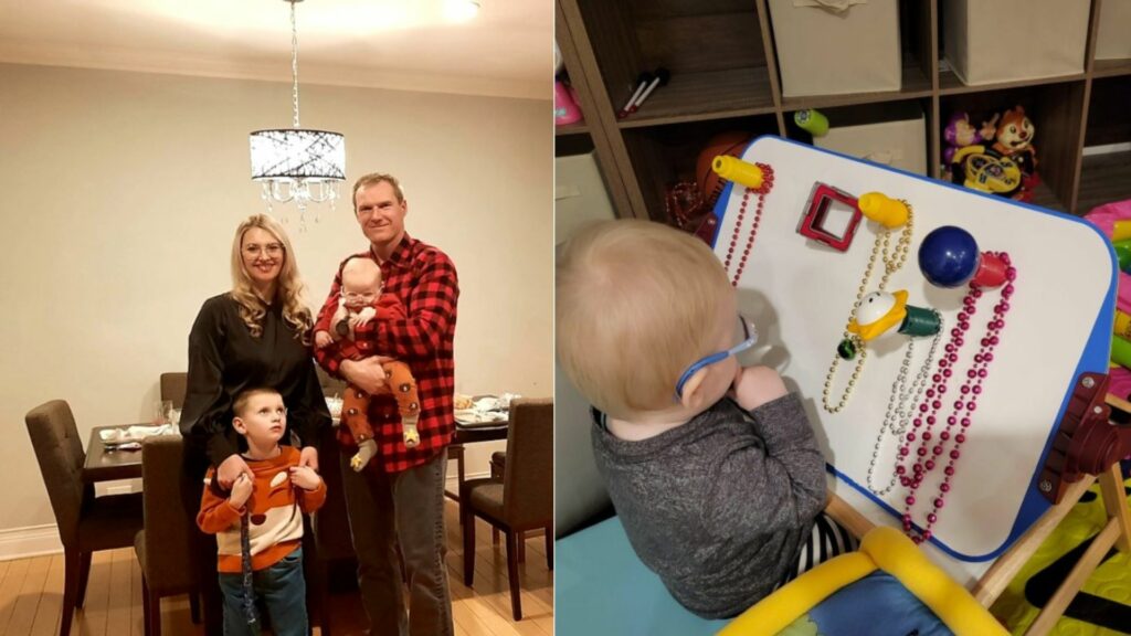 Family of four, including a baby and young elementary-age child; Baby wearing glasses using a large white board which has magnetic blocks and beaded necklaces affixed.