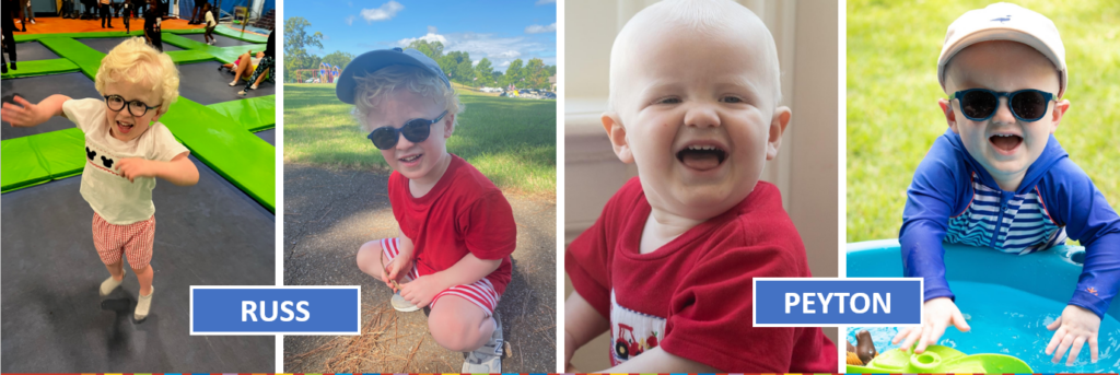 Two pictures of a preschooler with fair skin and blonde hair labeled “Russ”; two pictures of a toddler with fair skin labeled “Peyton”